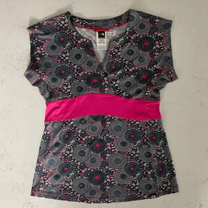 The North Face Activewear Pull On Cap Slv VNeck Print Top Grey Pink Sz XS
